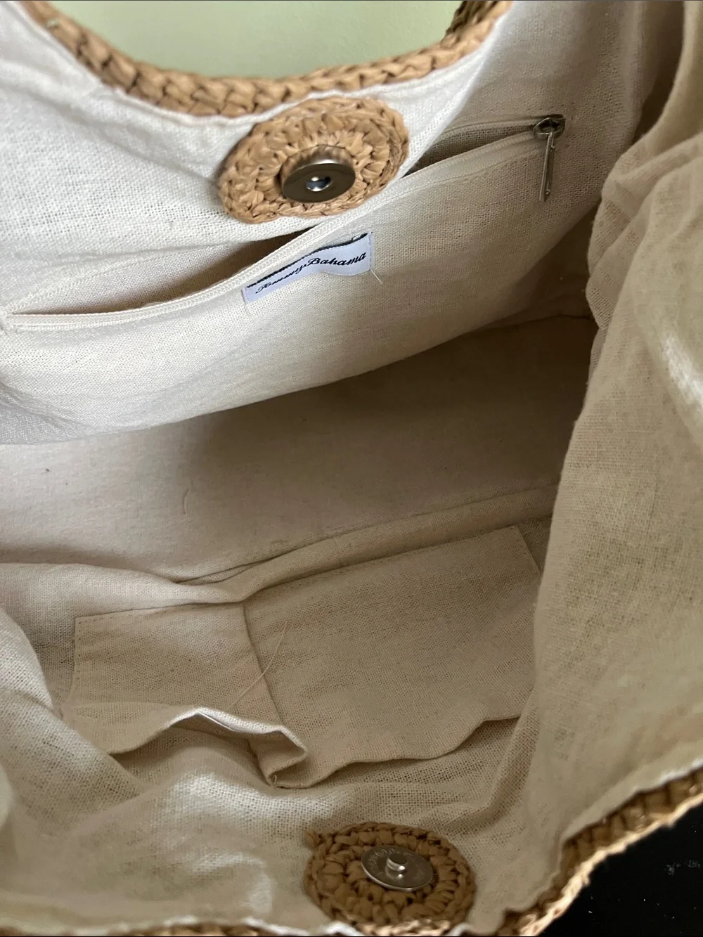 Tommy Bahama tan raffia straw hobo tote bag with linen lining